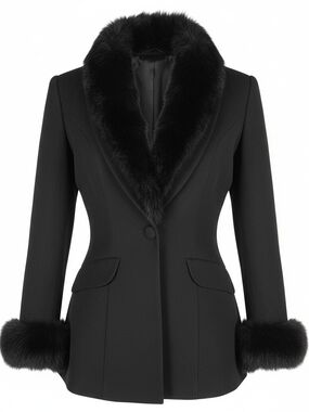 Vintage Alberto Makali Black Blazer w Detachable Fox Fur Collar & Cuffs, Sz 8